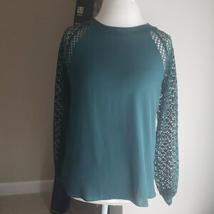 Loft Elegant Green Lace Sleeve Top